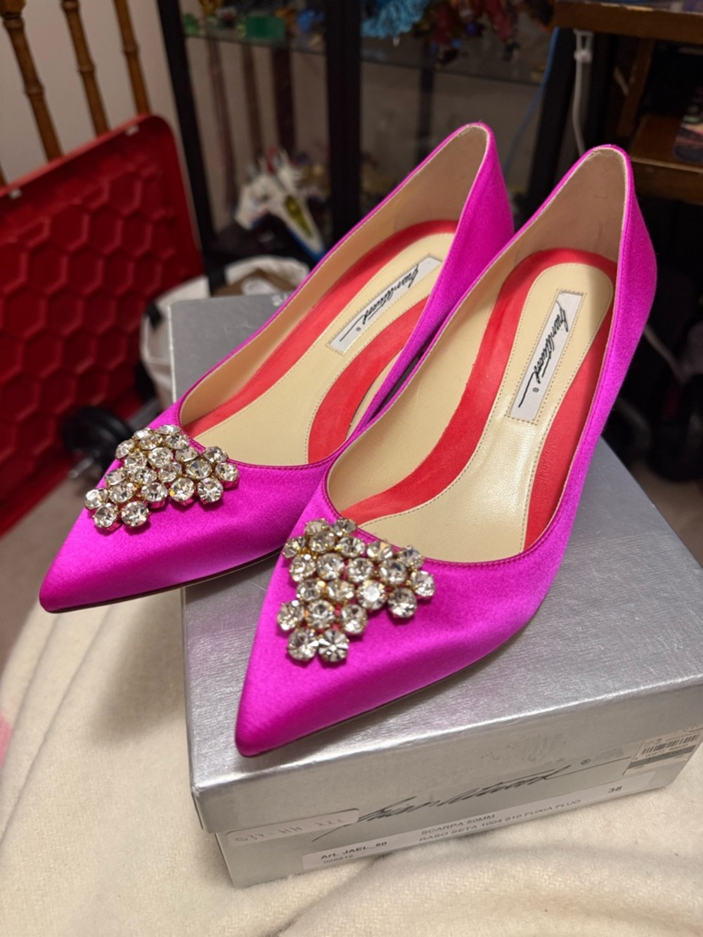 Brian Atwood Fuchsia Satin Pointed Crystal-Embellished Pumps